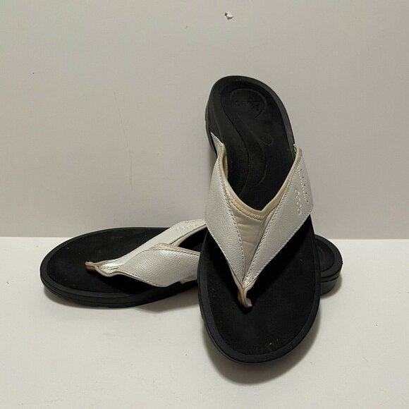Abeo Womens Leather Orthotic Thong Sandals Size 10 Black & White - Picture 2 of 8